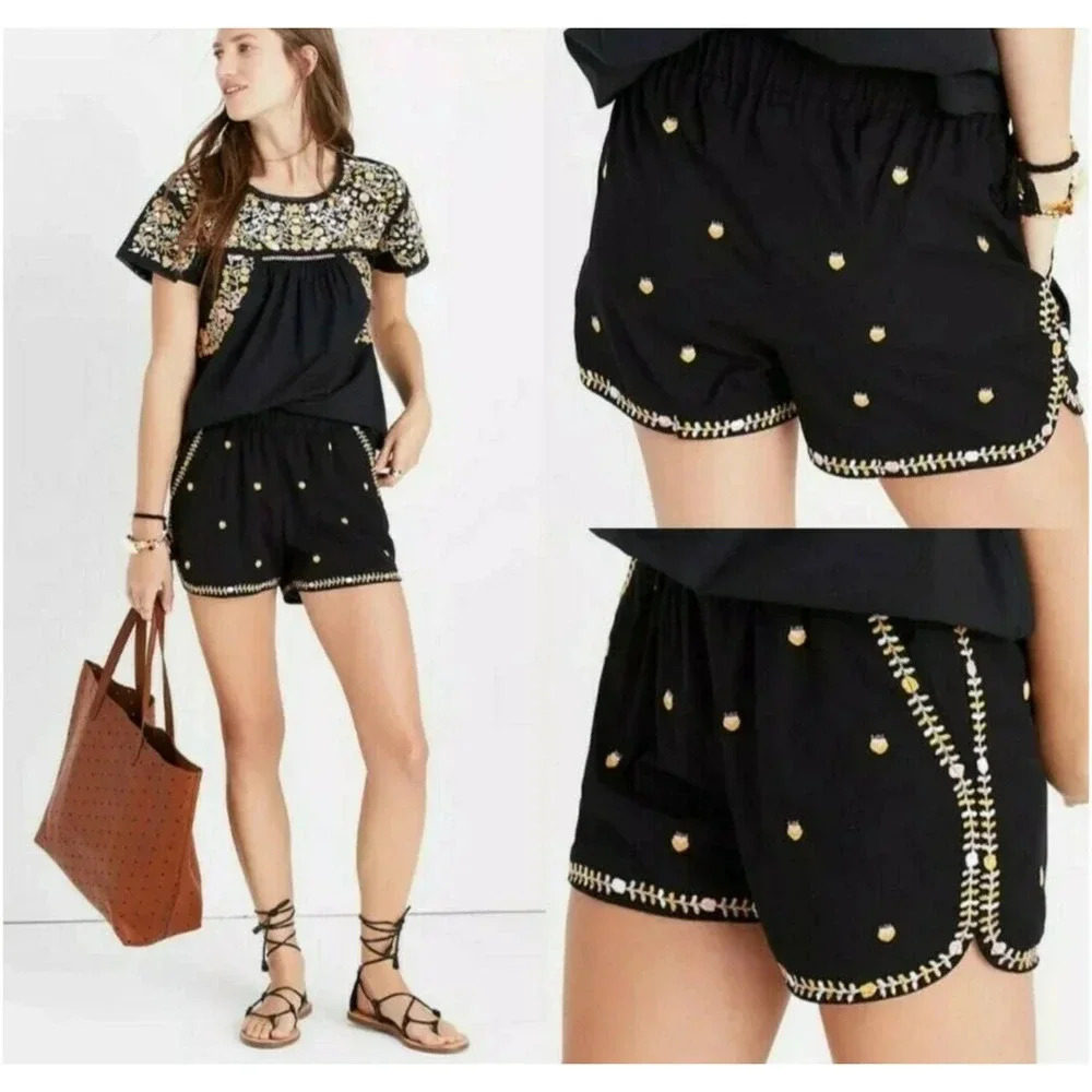 Madewell Women Embroidered Springtime Black Pull-On Shorts Small